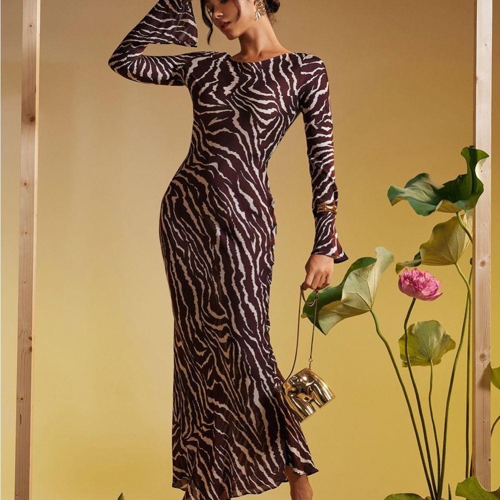 Cecily Long Sleeve Tiger Printed Maxi Dress